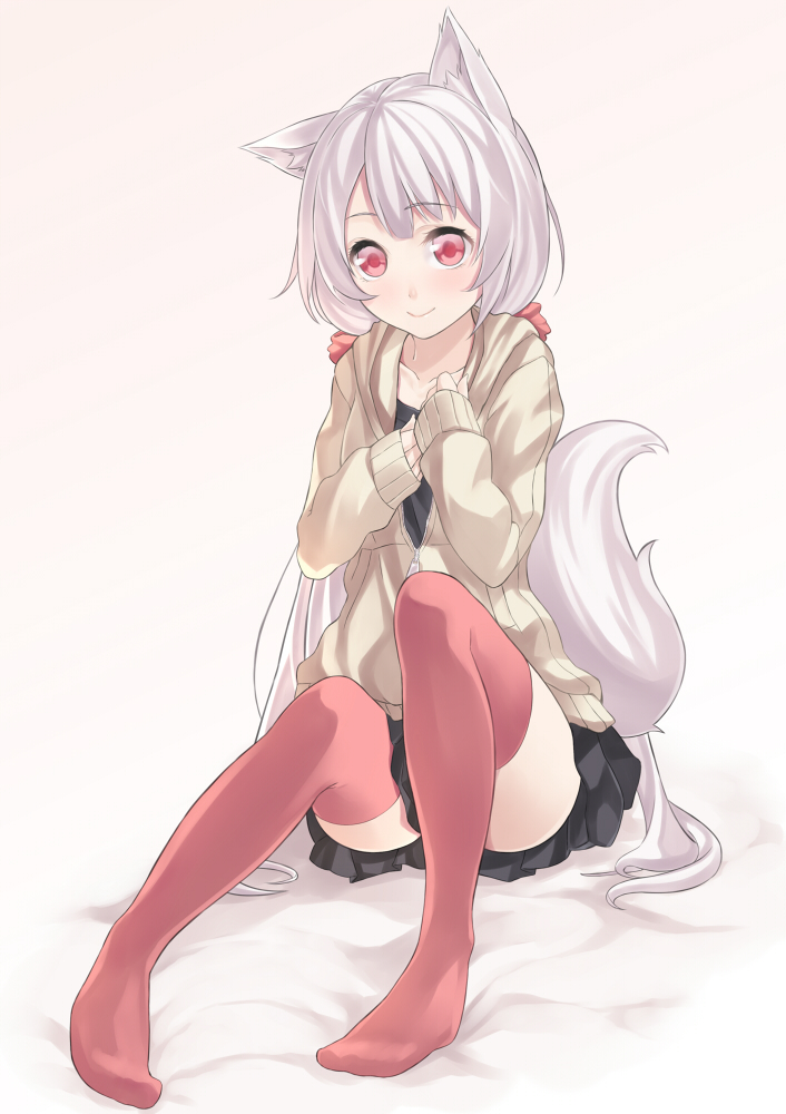 1girl, animal_ears, collarbone, fox_ears, fox_tail, gradient, gradient_background, hands_on_own_chest