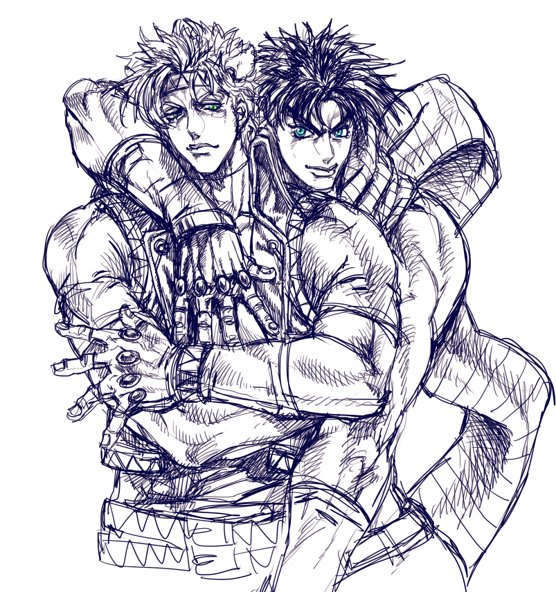 2boys, blue_eyes, caesar_anthonio_zeppeli, facial_mark, fingerless_gloves, gloves, green_eyes, jojo_no_kimyou_na_bouken