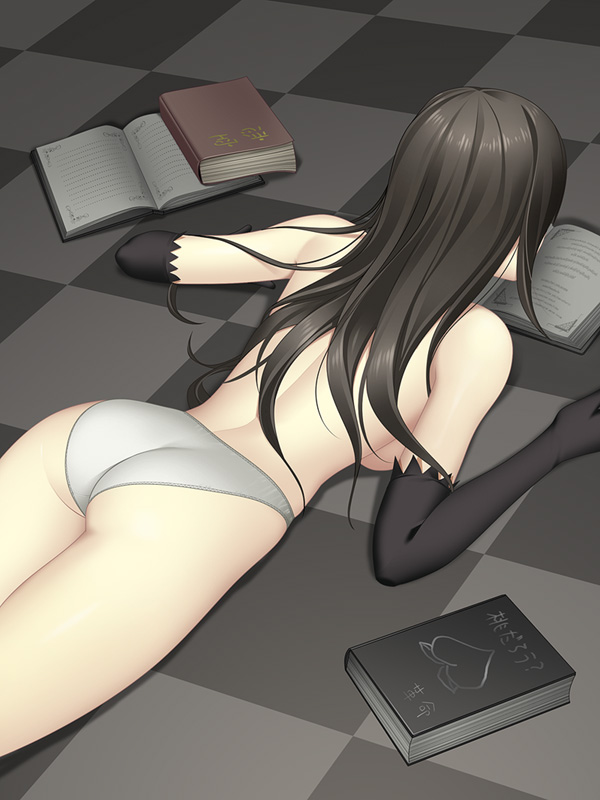 bad_id, black_hair, book, chronica, elbow_gloves, gloves, isobe, long_hair