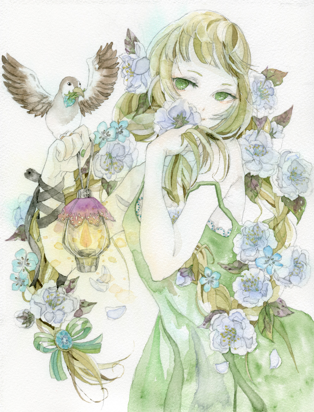 1girl, bird, braid, bunching_hair, dress, en4xx, flower, green_dress