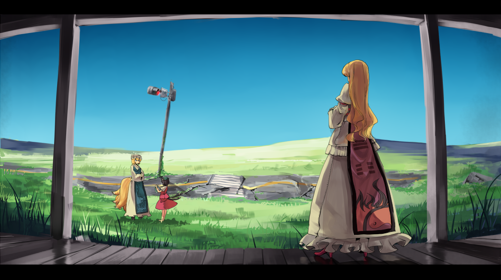blonde_hair, brown_hair, cat_ears, cat_tail, chen, fisheye, fox_ears, fox_tail, garnet, garnet_(pixiv), hat, hill, hills, landscape, long_hair, multiple_tails, nature, scenery, short_hair, tail, touhou, yakumo_ran, yakumo_yukari