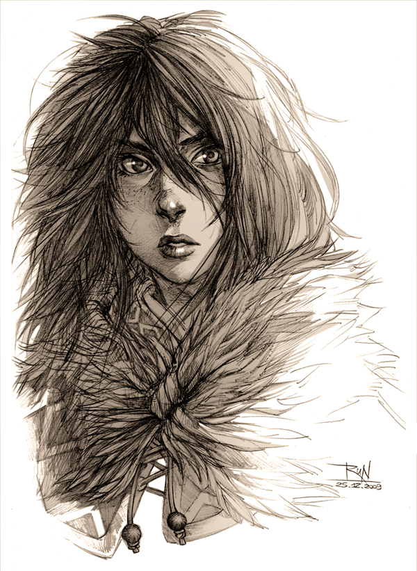long_hair, monochrome, original, runshin, sketch, tagme