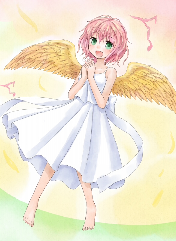 1girl, barefoot, green_eyes, happy, harpy_(puyopuyo), pink_hair, puyopuyo, short_hair