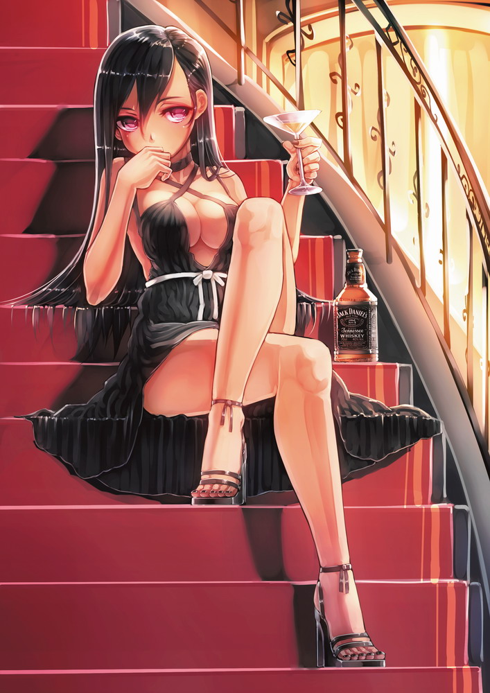 1girl, black_hair, breasts, cleavage, crossed_legs, dress, female, formal