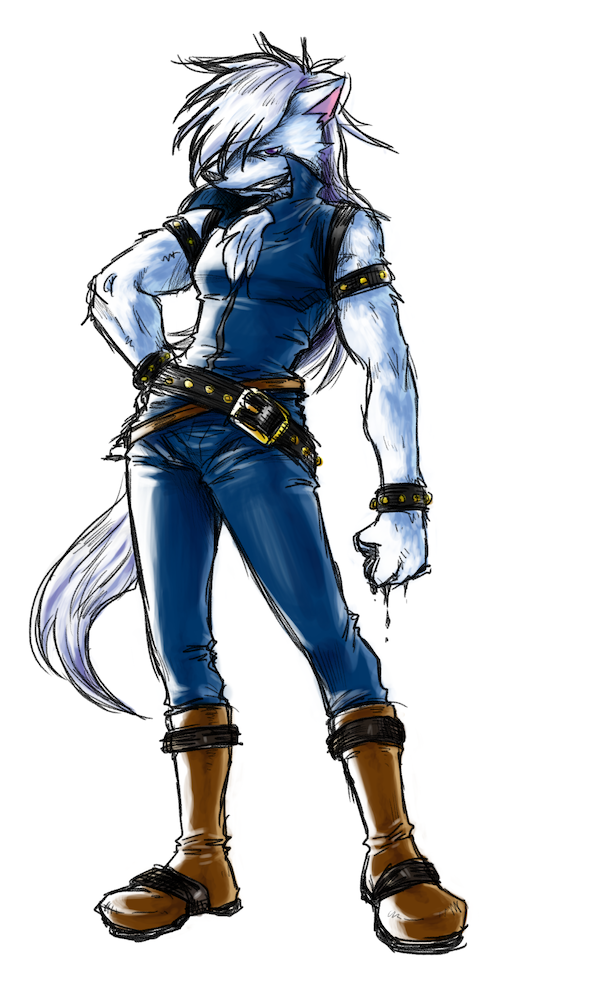 1boy, animal_ears, arita_hino, belt, boots, bracelet, fringe, fur, grin, hand_on_hip, jeans, jewelry, long_hair, multiple_belts, precure, smile, smile_precure!, spiked_bracelet, spikes, tail, werewolf, white_hair, wolf_ears, wolfrun