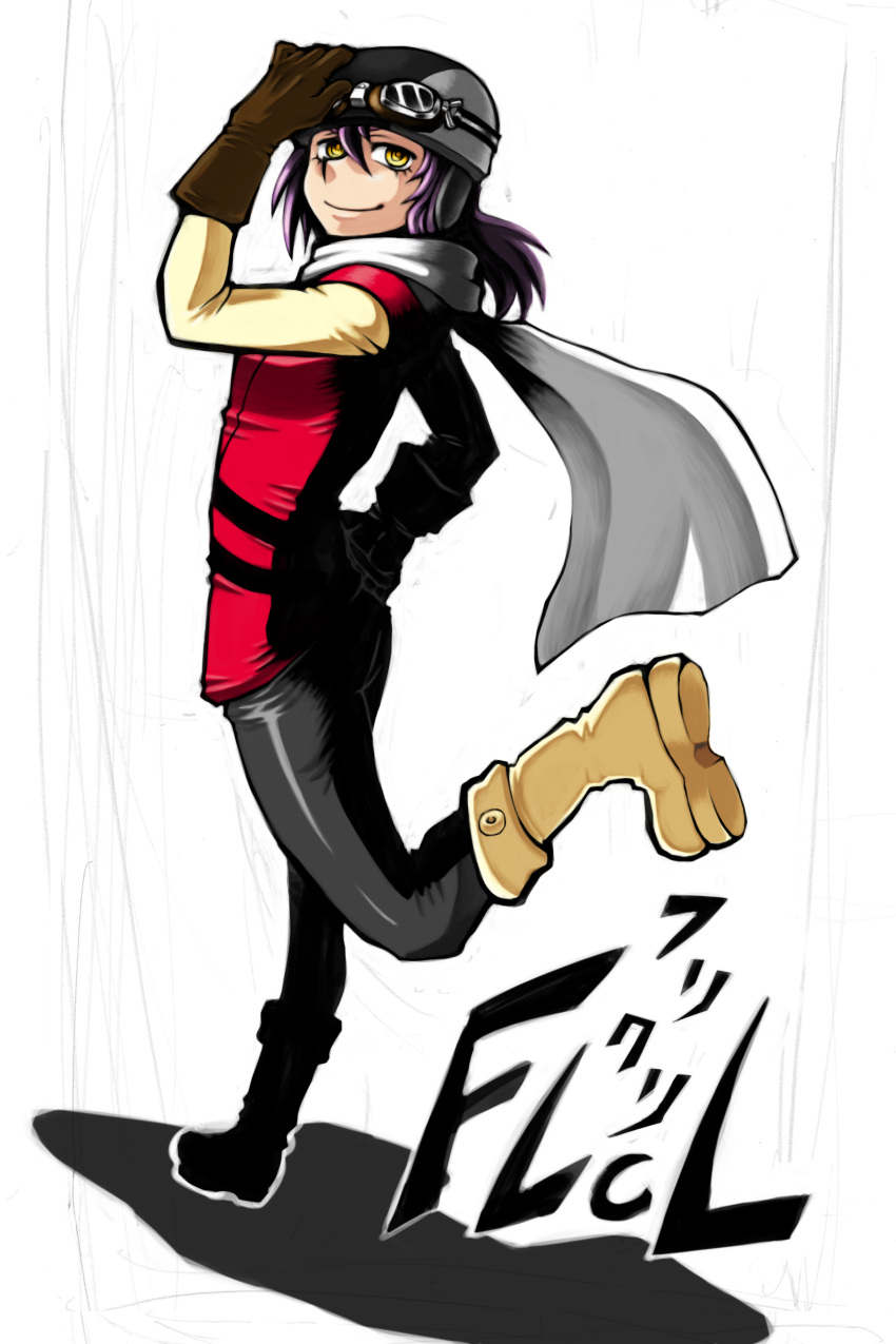 1girl, absurdres, arita_hino, boots, flcl, gloves, goggles, goggles_on_head