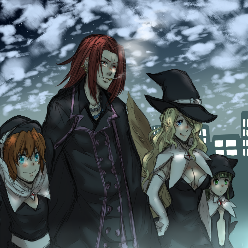 1boy, 3girls, black_hair, blonde_hair, blue_eyes, breasts, broom, brown_hair, cigarette, green_eyes, hat, jane_elves, large_breasts, long_hair, mariebeth_blackball, marye_spearhead, multiple_girls, red_eyes, redhead, short_hair, smile, smoking, stiyl_magnus, to_aru_majutsu_no_index, to_aru_majutsu_no_index_movie, tongue, tongue_out, witch_hat