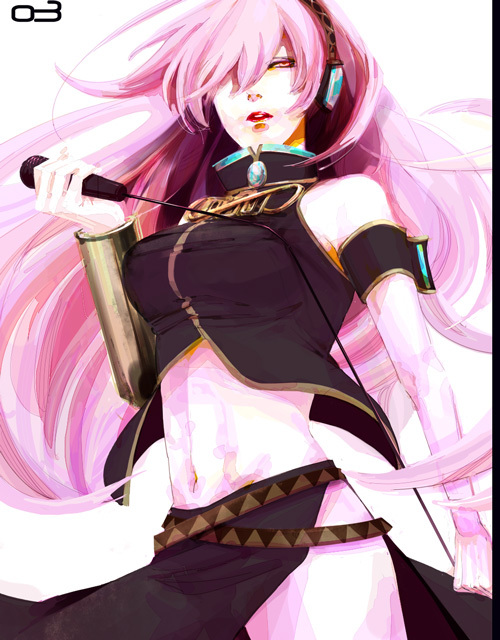 aojima, aoshima, bad_id, headphones, lipstick, long_hair, megurine_luka, microphone, midriff, navel, pink_hair, red_eyes, skirt, solo, vocaloid