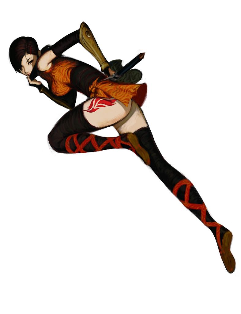 1girl, black_hair, black_legwear, capcom, face_mask, japanese_clothes, kaede_(onimusha), ninja, nona, official_art, onimusha, onimusha:_warlords, onimusha_soul, running, scar, short_hair, short_sword, solo, sword, tattoo, thigh-highs, weapon