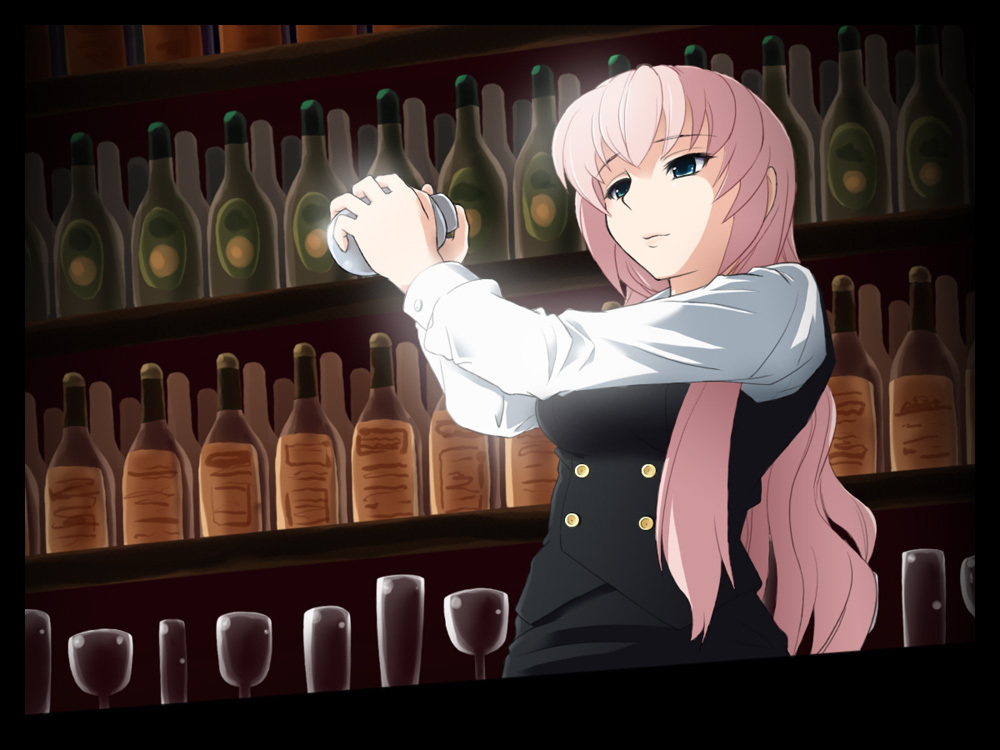 aqua_eyes, bartender, bartender_(series), bottle, formal, glass, long_hair, mameshiba, megurine_luka, pant_suit, pink_hair, solo, suit, vocaloid