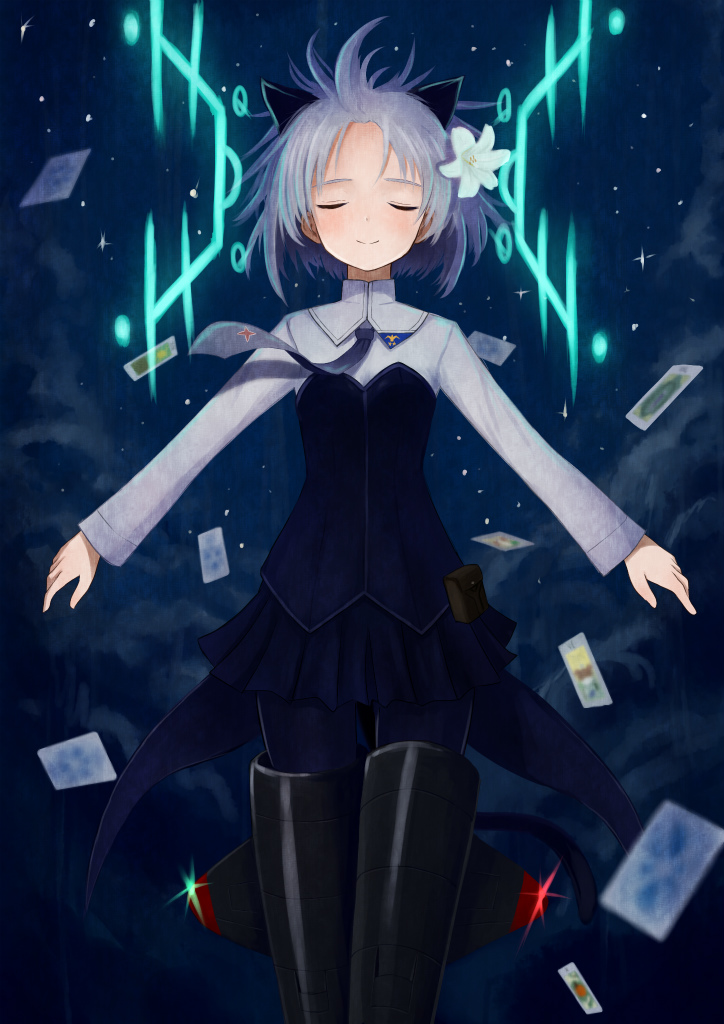 1girl, aksman, animal_ears, antennae, black_legwear, blush, card, cat_ears