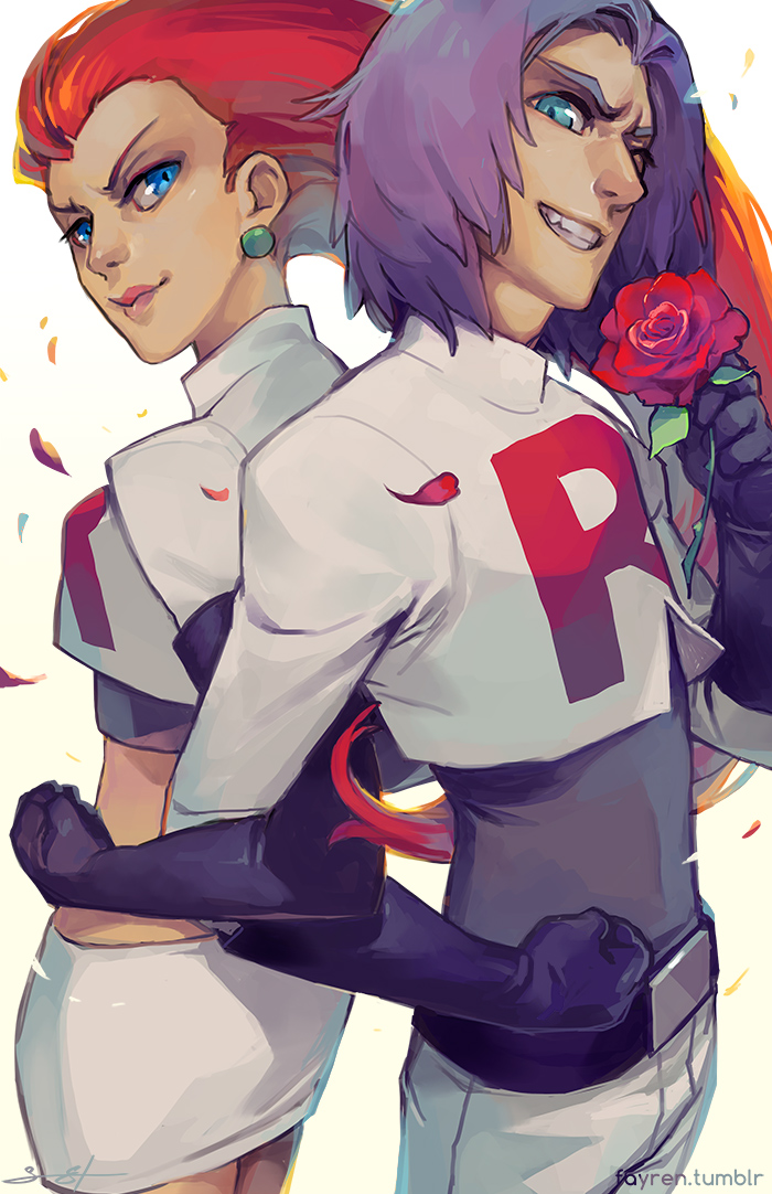 blue_eyes, clothes_writing, earrings, elbow_gloves, flower, gloves, grin, jewelry, kojirou_(pokemon), long_hair, midriff, miniskirt, musashi_(pokemon), pokemon, pokemon_(anime), purple_hair, redhead, rose, sarah_stone, skirt, smile, team_rocket, thigh-highs