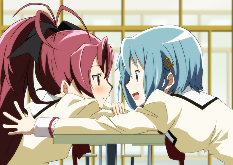 2girls, blue_eyes, blue_hair, blush, bow, breasts, face-to-face, hair_bow