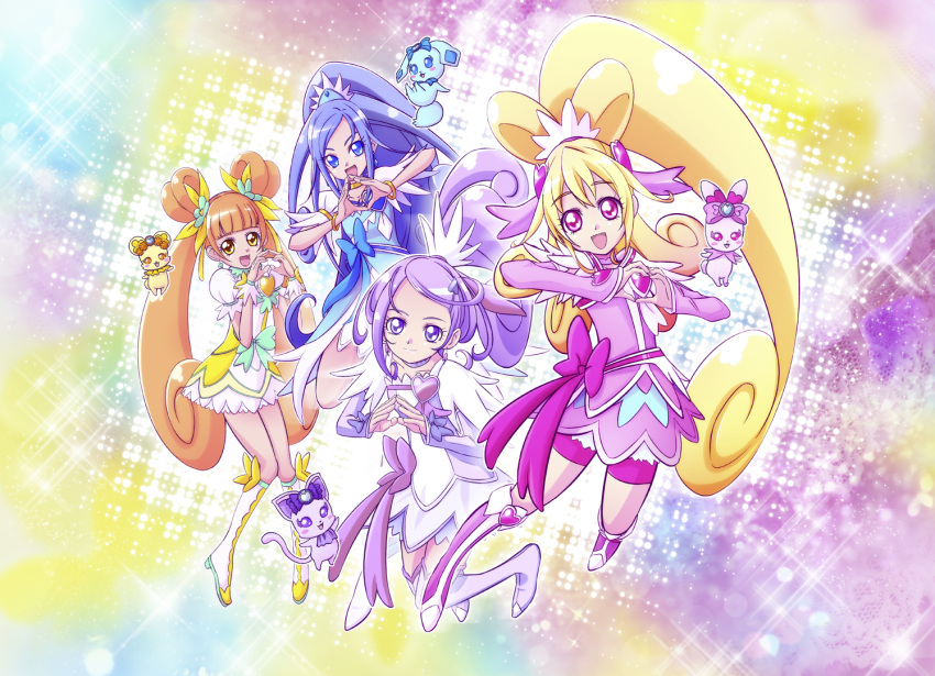 4girls, aida_mana, arm_warmers, bike_shorts, blonde_hair, blue_eyes, blue_hair, boots