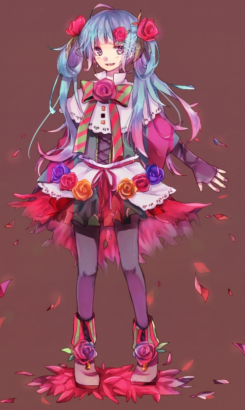 1girl, blue_hair, corset, flower, hair_flower, hair_ornament, hatsune_miku, long_hair