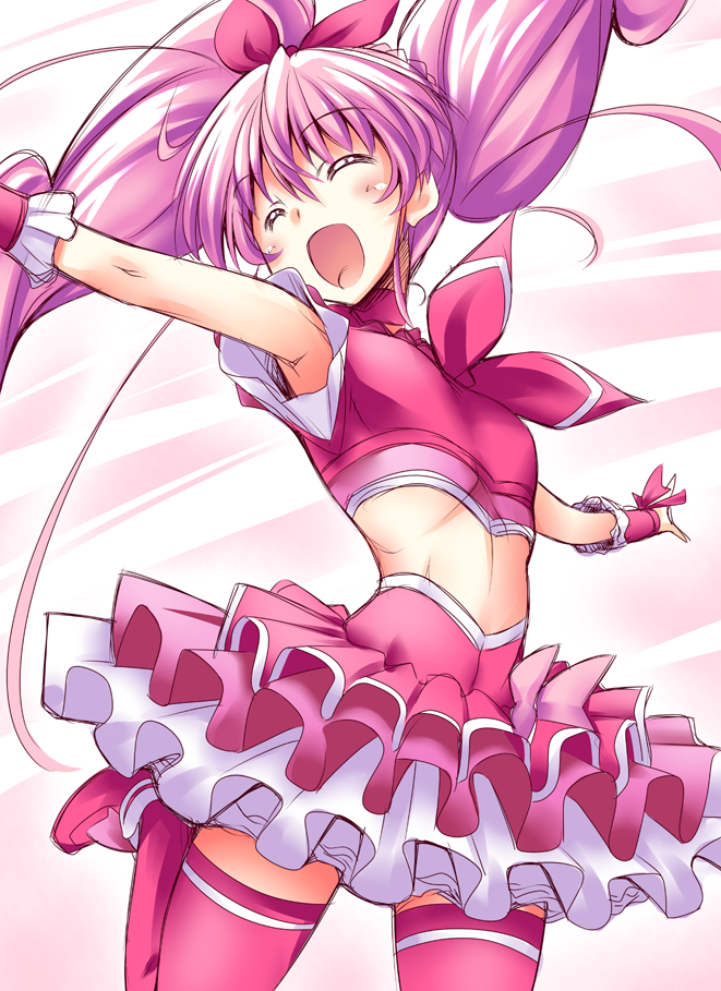 1girl, bow, brooch, choker, closed_eyes, cure_melody, frills, heart