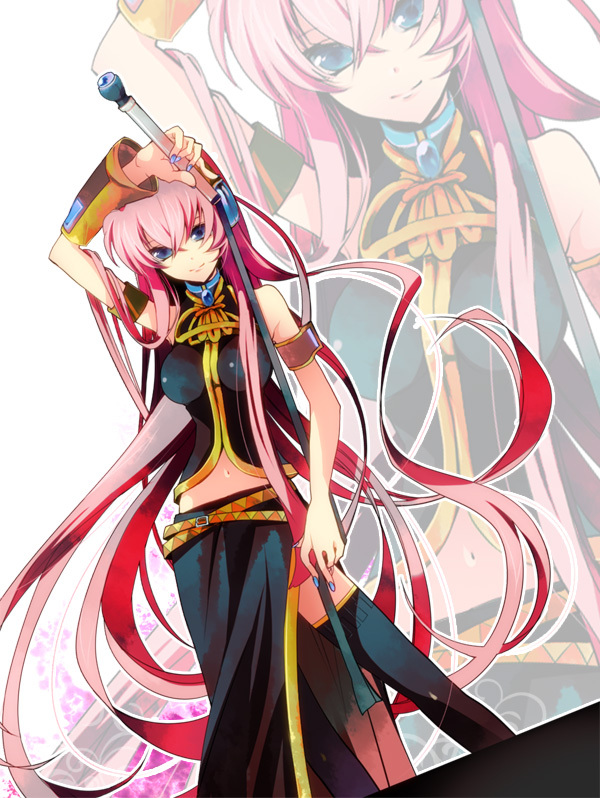 blue_eyes, long_hair, megurine_luka, microphone, microphone_stand, mnk, pink_hair, skirt