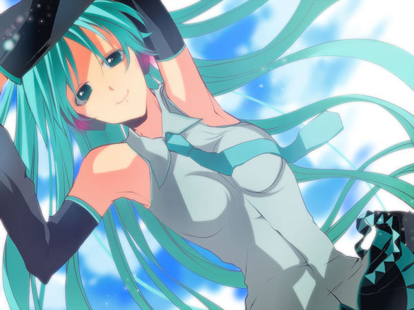 aqua_eyes, aqua_hair, armpits, arms_up, hatsune_miku, headphones, long_hair, mnk