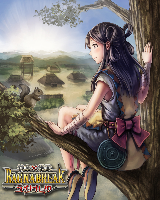 1girl, anbe_yoshirou, anklet, bag, bare_legs, beads, brown_hair, in_tree