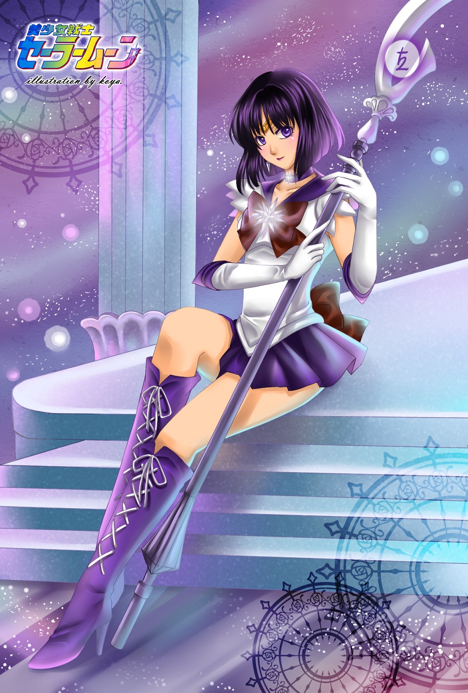 1girl, artist_name, bishoujo_senshi_sailor_moon, black_hair, boots, bow, brooch, elbow_gloves