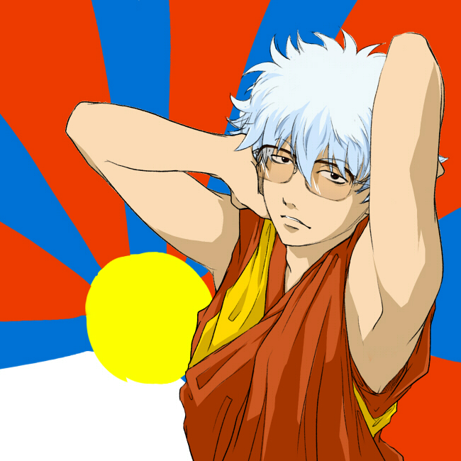 14th_dalai_lama, 14th_dalai_lama_(cosplay), 1boy, cosplay, gintama, glasses, ogawa_shuusuke, robe, sakata_gintoki, short_hair, white_hair