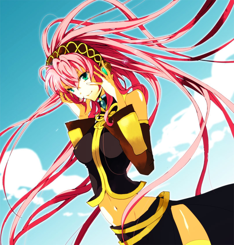 aqua_eyes, headphones, long_hair, megurine_luka, midriff, mnk, navel, pink_hair, skirt, smile, solo, very_long_hair, vocaloid