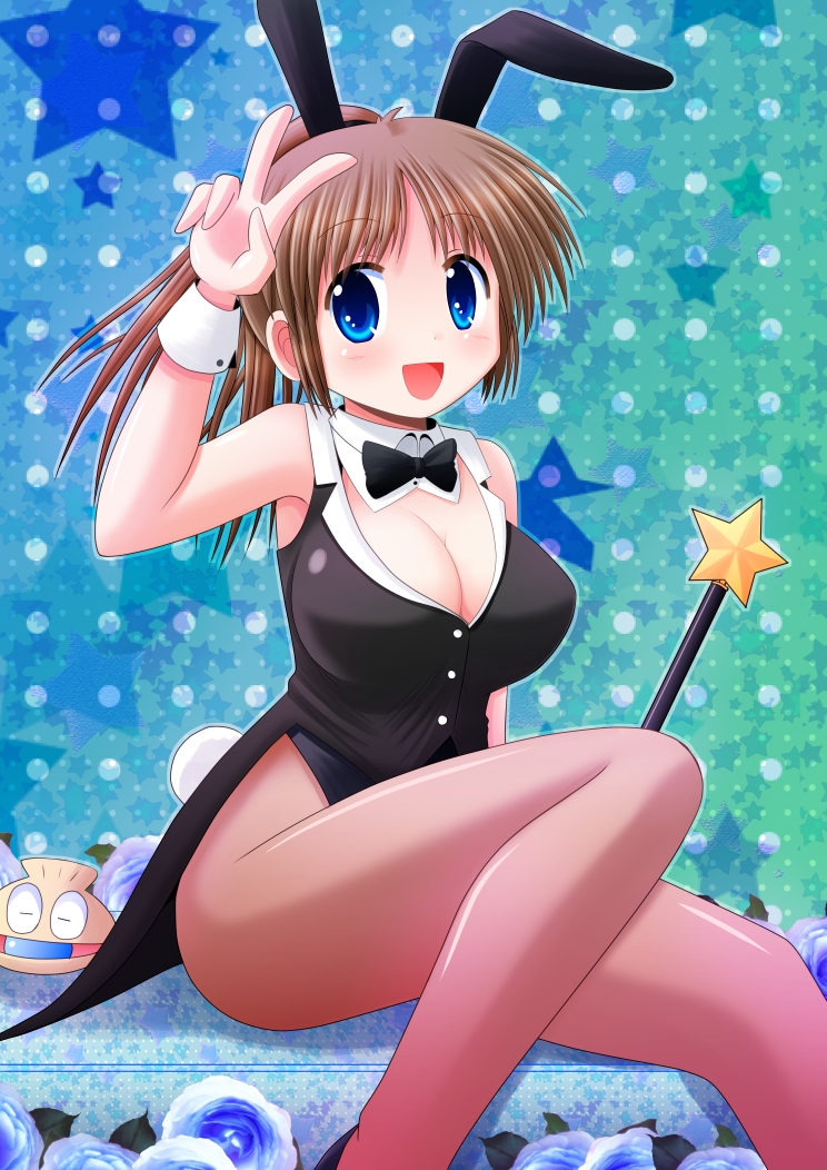 1girl, animal_ears, blue_eyes, bowtie, brown_hair, bunny_tail, bunnysuit, detached_collar