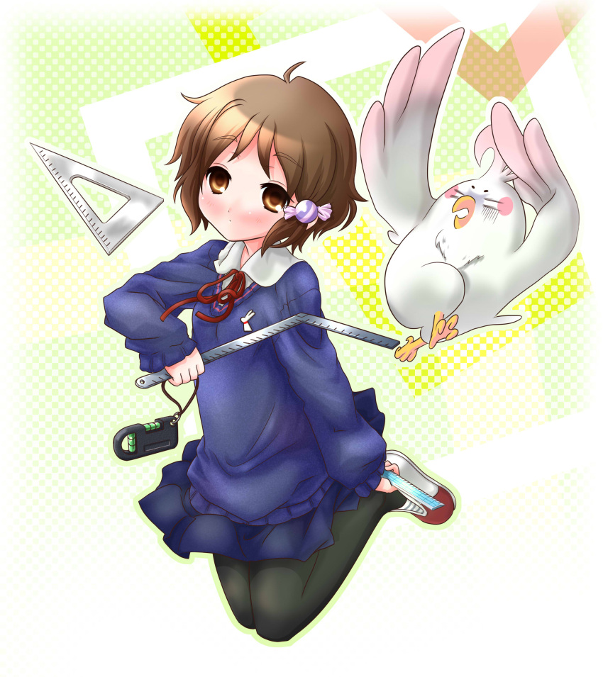 1girl, absurdres, bird, brown_eyes, brown_hair, candy_wrapper, dera_mochimazzui, hair_ornament, highres, kanon_(kurogane_knights), makino_kanna, pantyhose, school_uniform, short_hair, steel_square, tamako_market, triangle