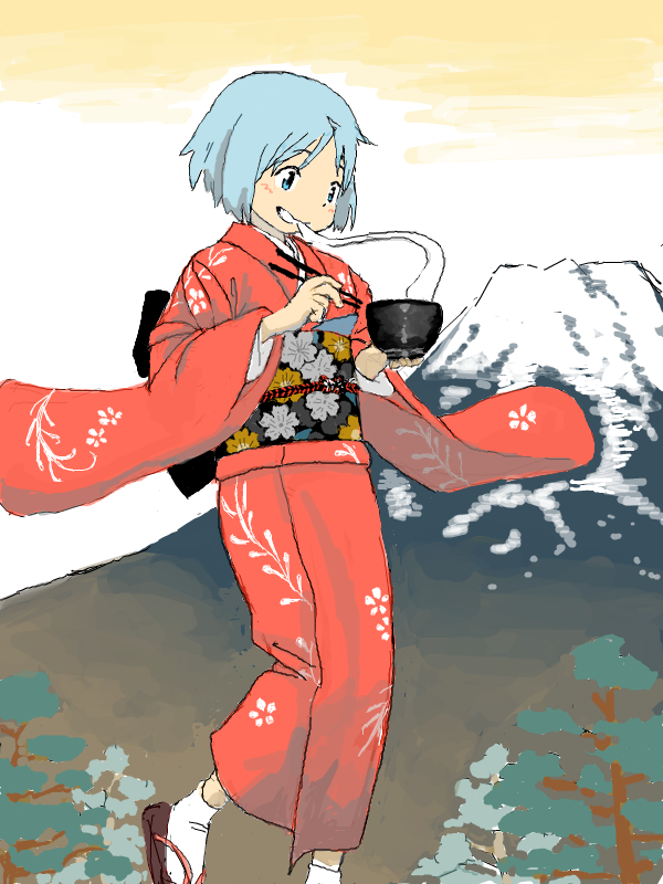 1girl, blue_eyes, blue_hair, blush, bowl, chopsticks, drawr, eating