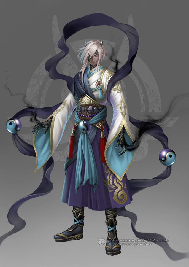 1boy, dark_skin, horns, misa_tsutsui, pixiv_fantasia, pixiv_fantasia_new_world, solo, white_eyes, white_hair