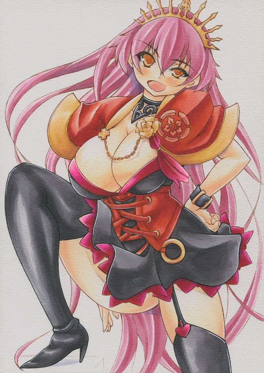 1girl, black_legwear, breasts, chain, choker, cleavage, corset, cross