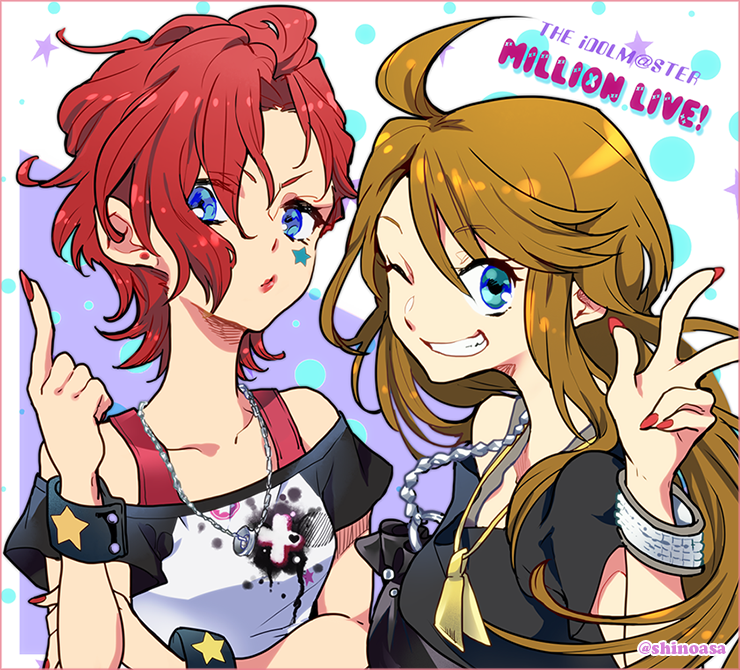 2girls, ahoge, aqua_eyes, artist_name, blue_eyes, bracelet, brown_hair, grin