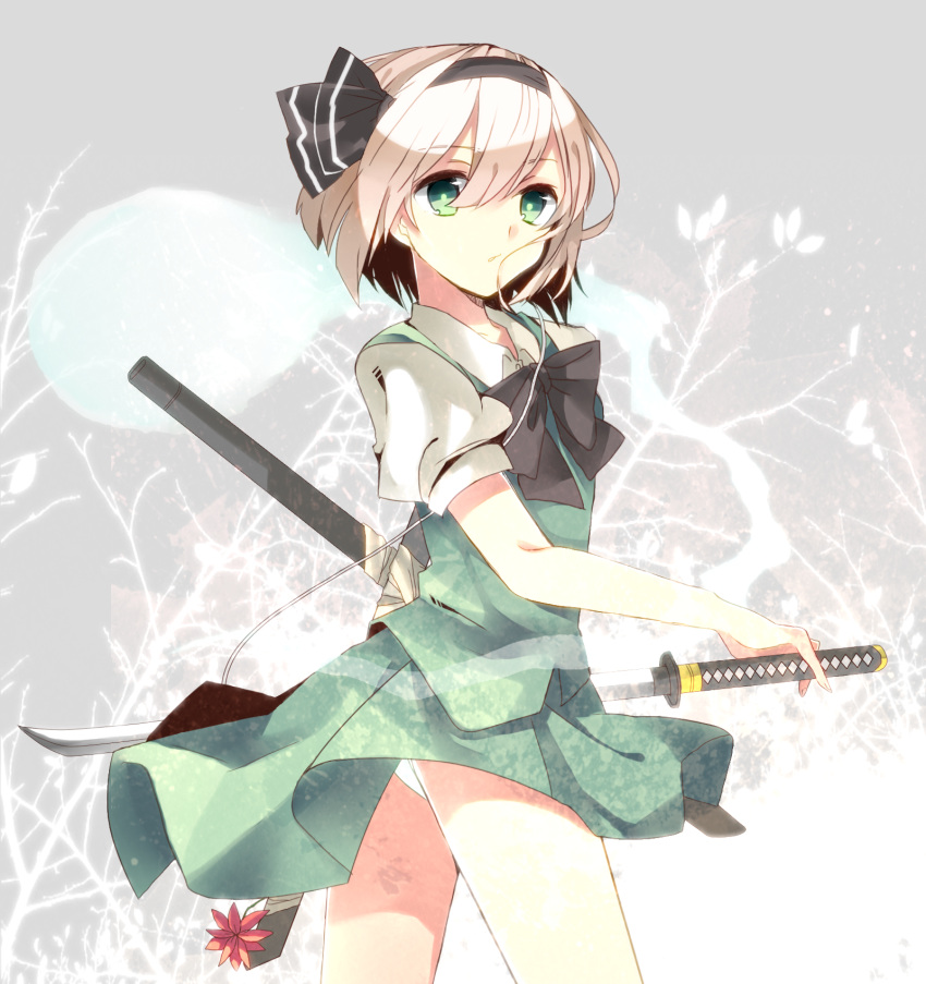 1girl, bow, flower, green_eyes, hair_ribbon, highres, katana, konpaku_youmu