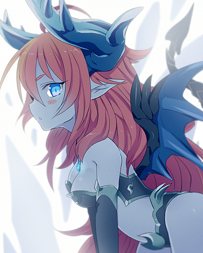 armor, bikini_armor, blue_eyes, blue_skin, blush_stickers, breasts, cleavage, demon_tail, demon_wings, hera_(p&amp;d), horns, mofuaki_(yoshiaki), pointy_ears, puzzle_&amp;_dragons, redhead, tail, wings