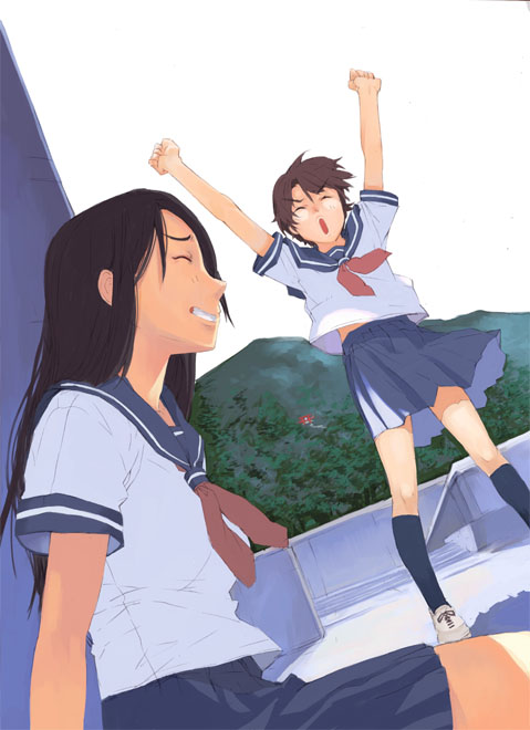 brown_hair, cheer, cheering, happy, legs, long_hair, mura_(kanojo_no_oukoku), school_uniform, short_hair, skirt, smile, socks, wind
