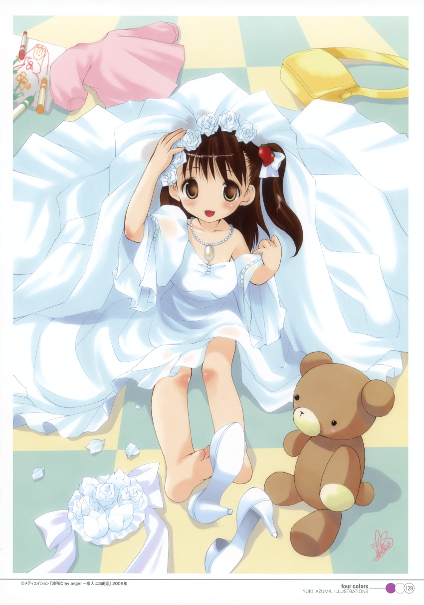 1girl, absurdres, azuma_yuki, brown_hair, child, dress-up, hair_ornament, high_heels, highres, oversized_clothes, pearl_necklace, scribble, shoes, side_ponytail, signature, stuffed_animal, stuffed_toy, tagme, teddy_bear