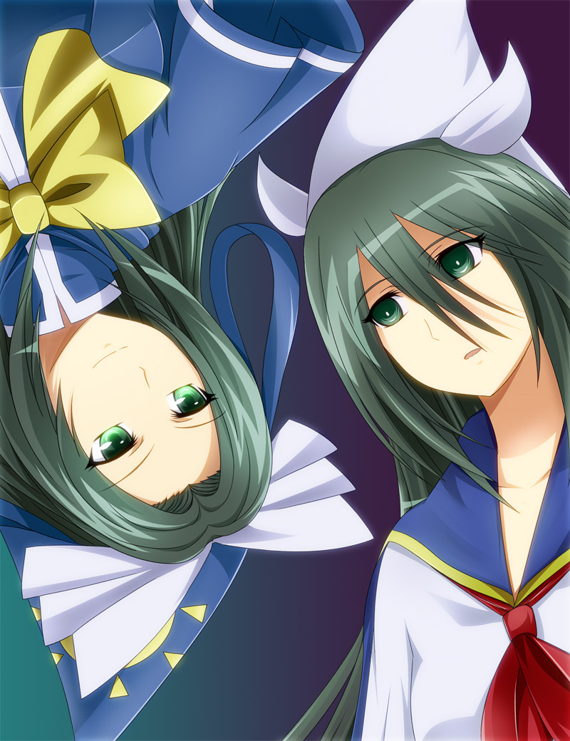 bow, capelet, dual_persona, green_eyes, green_hair, hat, inoshira, light_smile