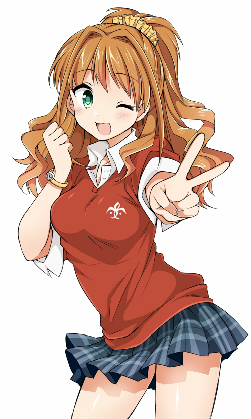1girl, ;3, ;d, brown_hair, green_eyes, hino_akane_(idolmaster), idolmaster, idolmaster_cinderella_girls, long_hair, norio_kkk, open_mouth, plaid, plaid_skirt, pleated_skirt, ponytail, school_uniform, scrunchie, simple_background, skirt, smile, solo, v, watch, white_background, wink