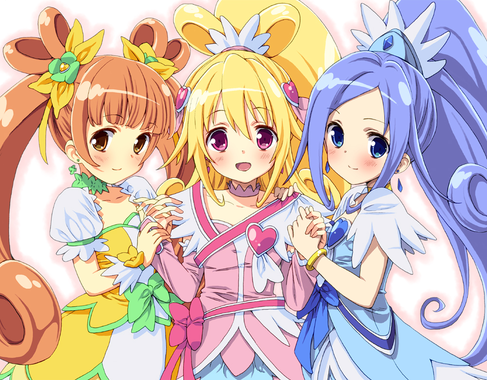 3girls, aida_mana, arm_warmers, blonde_hair, blue_eyes, blue_hair, blush, bow
