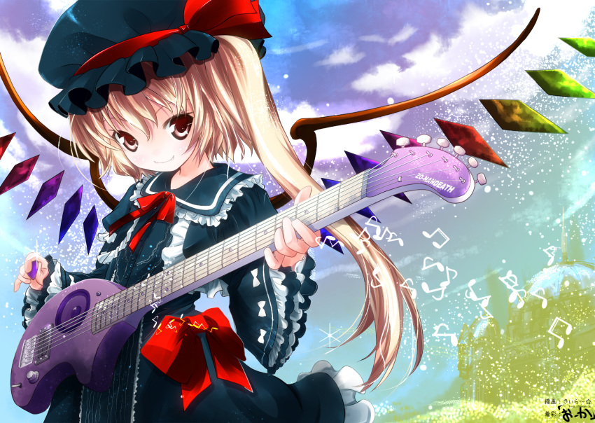 colored, flandre_scarlet, guitar, hat, highres, instrument, kiira, musical_note