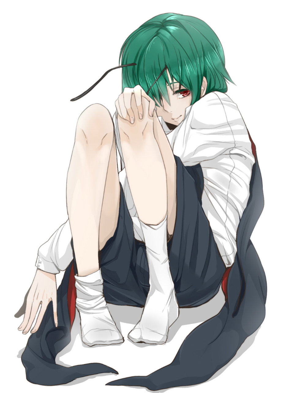 1boy, antennae, bifrst, cape, genderswap, green_hair, hand_on_knee, highres, long_sleeves, looking_at_viewer, no_shoes, pigeon-toed, red_eyes, shirt, short_hair, shorts, simple_background, sitting, smile, socks, solo, touhou, white_background, white_legwear, wriggle_nightbug