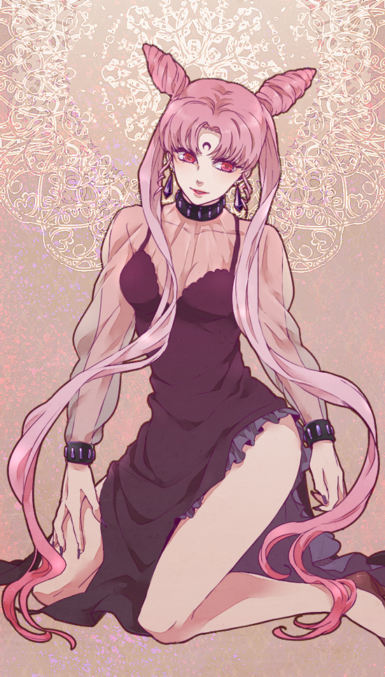 1girl, adult, bare_legs, bishoujo_senshi_sailor_moon, black_dress, black_lady, chibi_usa, circle, crescent_moon, double_bun, dress, earrings, facial_mark, forehead_mark, gem, hair_bun, jewelry, kneeling, long_hair, long_sleeves, looking_away, mo_cha_ri, moon, nail_polish, pink_eyes, pink_hair, see-through, side_slit, solo, twintails, very_long_hair