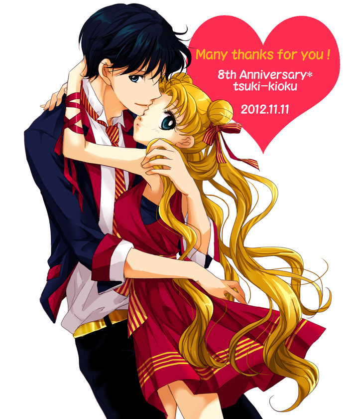 1boy, 1girl, 2012, anniversary, arm_ribbon, bishoujo_senshi_sailor_moon, black_hair, blonde_hair