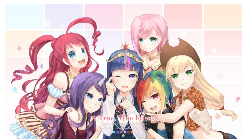 6+girls, ahoge, applejack, aqua_eyes, bangs, bare_shoulders, blonde_hair, blue_eyes