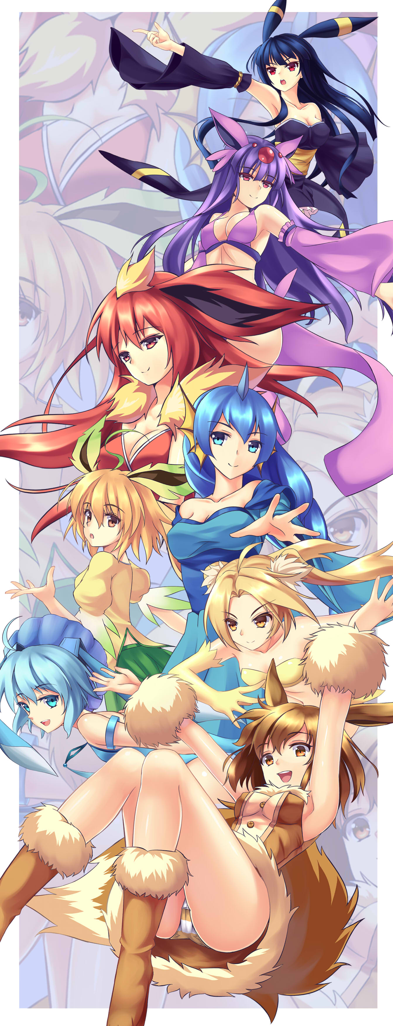 6+girls, _boots, absurdres, animal_ears, detached_sleeves, eevee, elbow_gloves, espeon, flareon, glaceon, gloves, highres, jolteon, leafeon, multiple_girls, personification, pokemon, sylveon, umbreon, vaporeon, zi_se