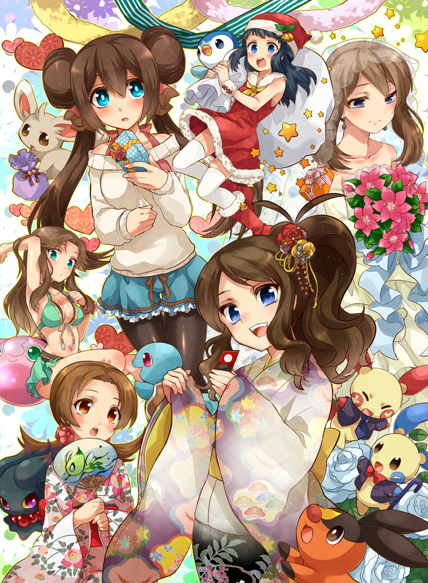 6+girls, alternate_costume, black_hair, blue_(pokemon), blue_eyes, blush, brown_eyes, brown_hair