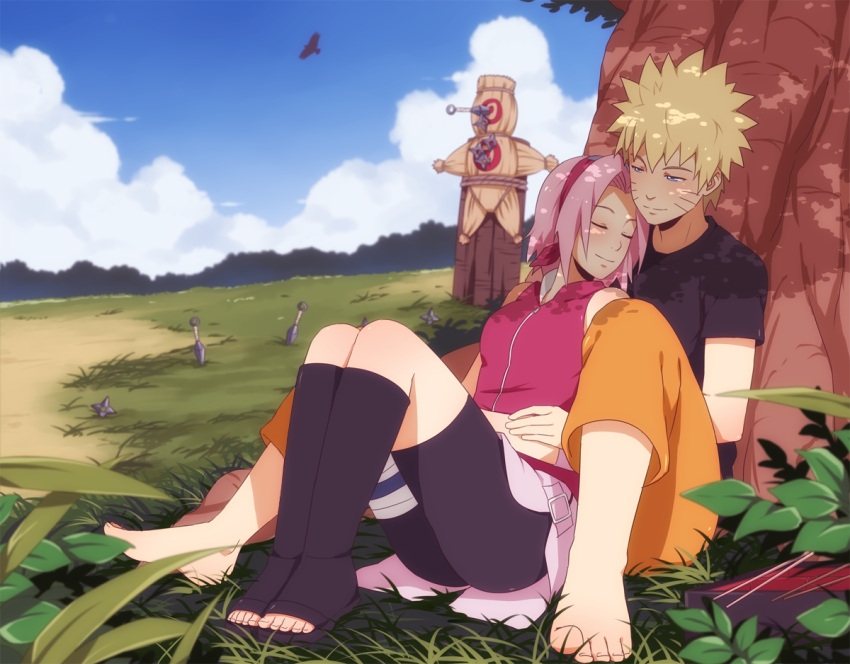 1boy, 1girl, against_tree, barefoot, barefoot_sandals, between_legs, bike_shorts, blonde_hair