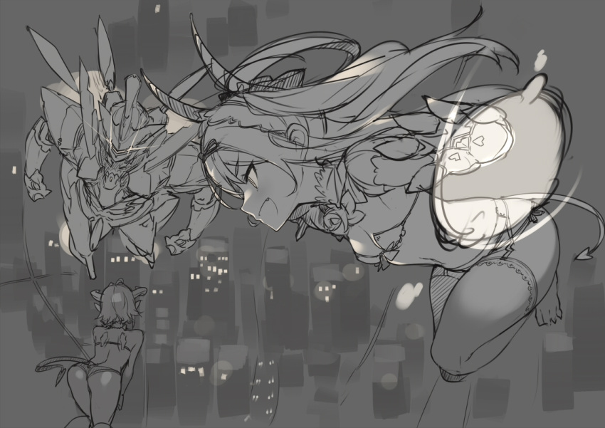 2girls, absurdres, ass, barefoot, bra, demon_girl, demon_tail, demon_wings