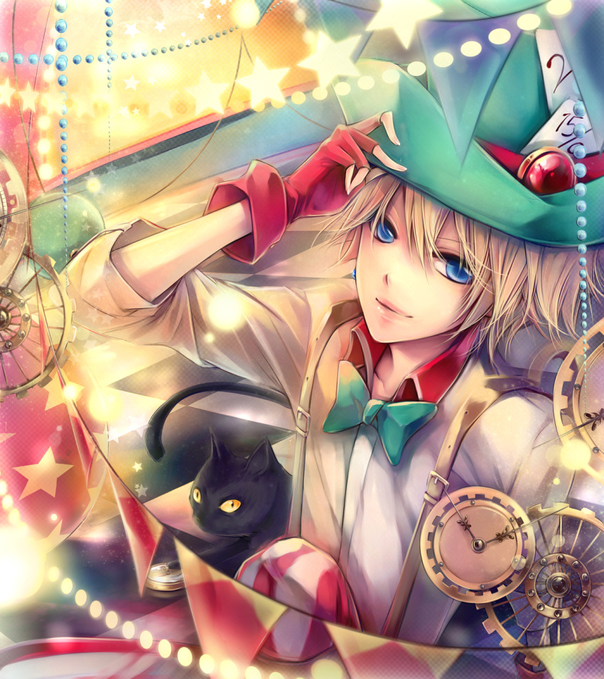 black_cat, blonde_hair, blue_eyes, bowtie, cat, checkered, checkered_floor, fingerless_gloves
