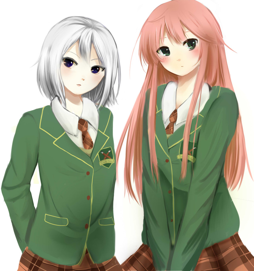 2girls, blue_eyes, green_eyes, highres, jinrui_wa_suitai_shimashita, materu, multiple_girls, pink_hair, school_uniform, watashi_(jintai), white_hair, y_(jintai)